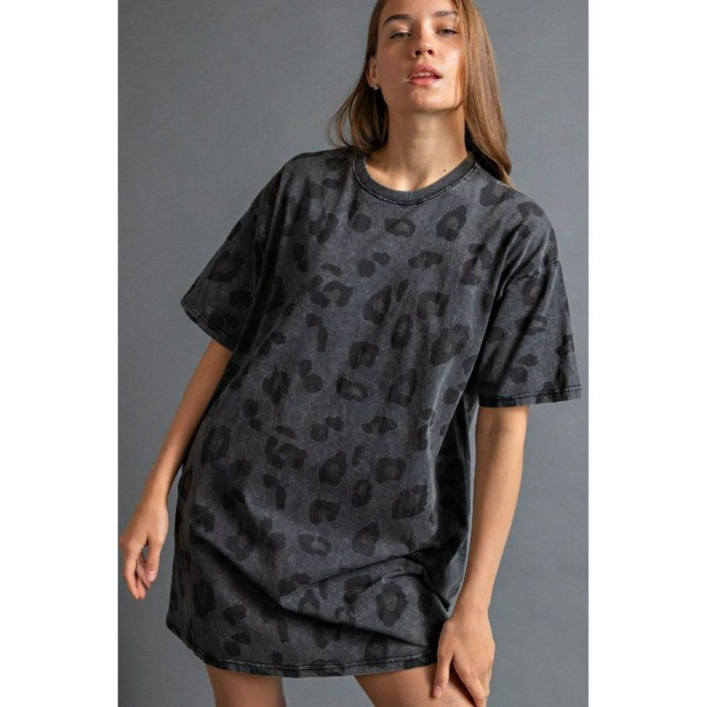 Easel Clothing Short Sleeve Animal Print Washed Oversized Tee Dress Ash ET13814